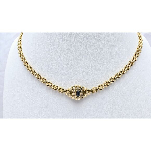 Unique 18K Yellow Gold Designer Cabochon Sapphire & Diamond Link Chain Necklace - Picture 9 of 16
